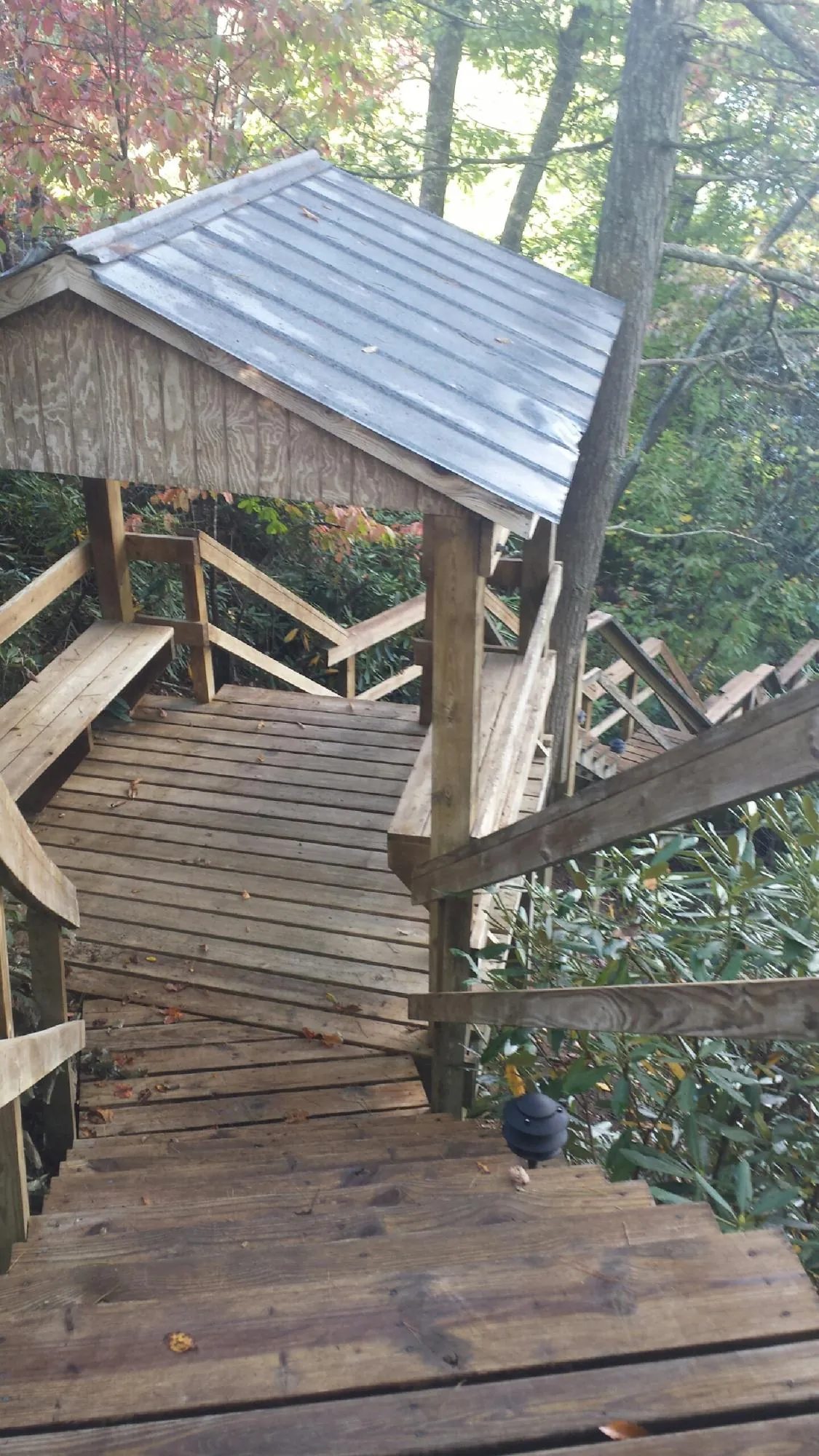 Metal roofed shelter over wooden steps on a wooded walkway — Skylight Repair & Installation work by our crew in Crows Landing